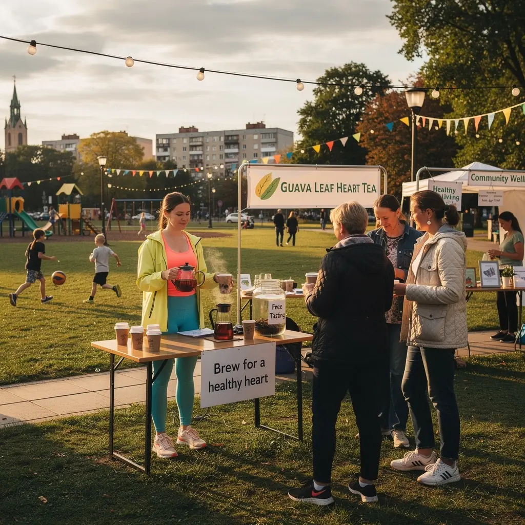 Žmonės, mėgaujantys guavos lapų arbata, bendraujantys ir juokaujantys kartu.