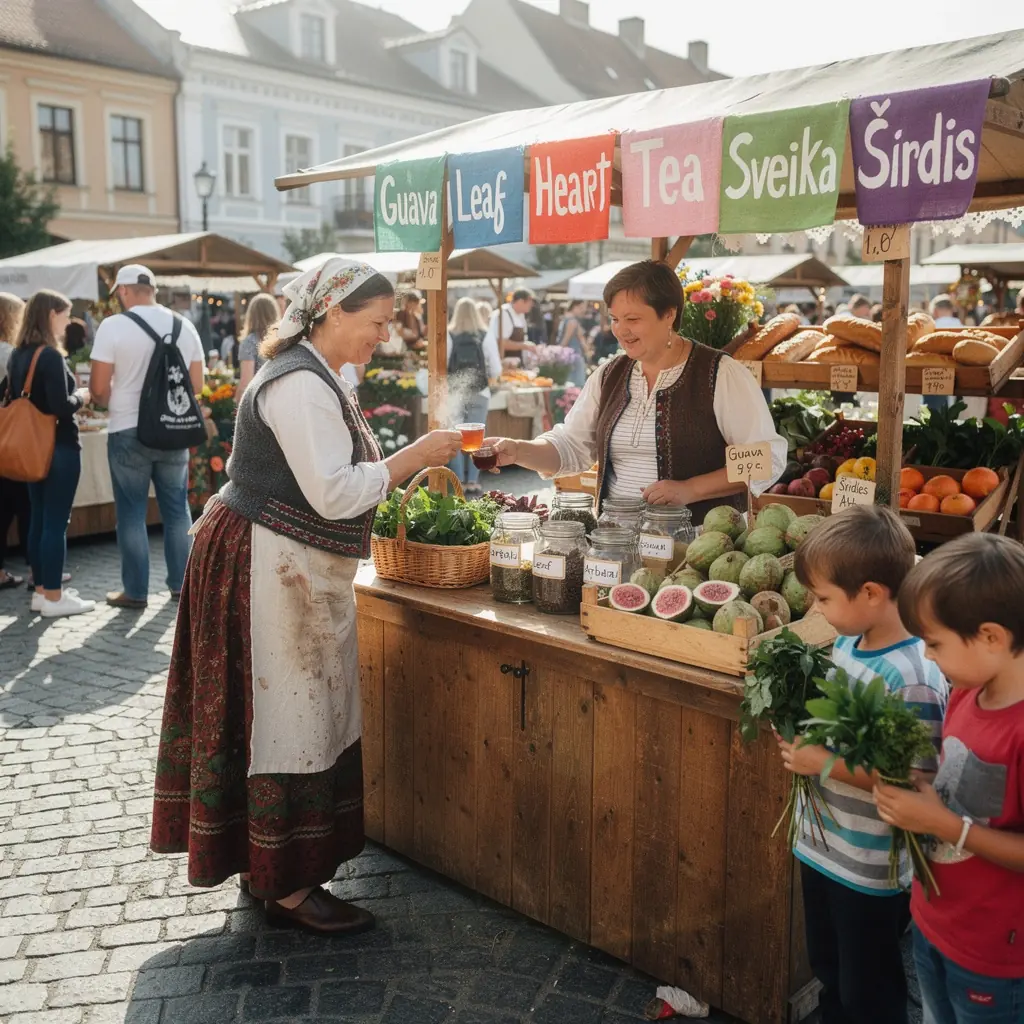 Informacinis plakatas apie guavos lapų arbatos naudą sveikatai ir imunitetui.