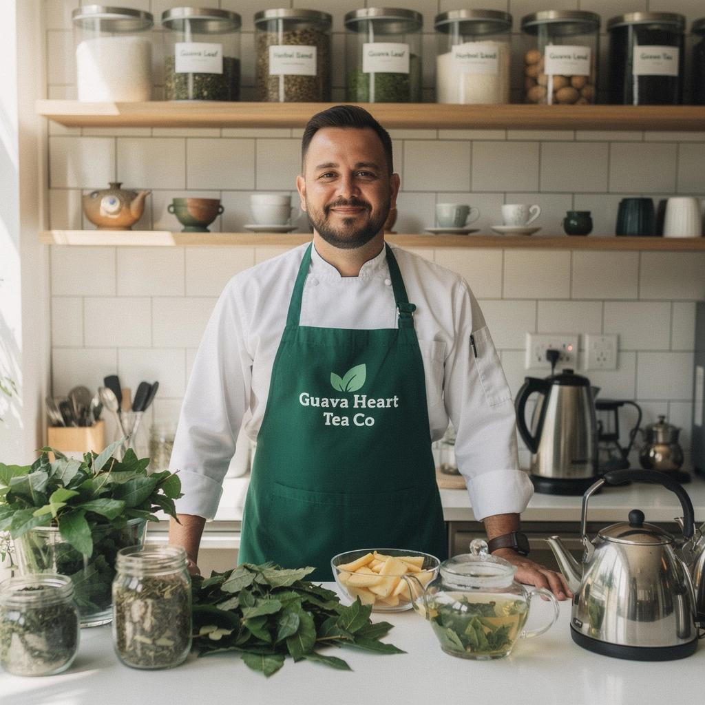 Guavos lapų širdies arbata, pilna vitaminų C, šviečiančiame puodelyje.